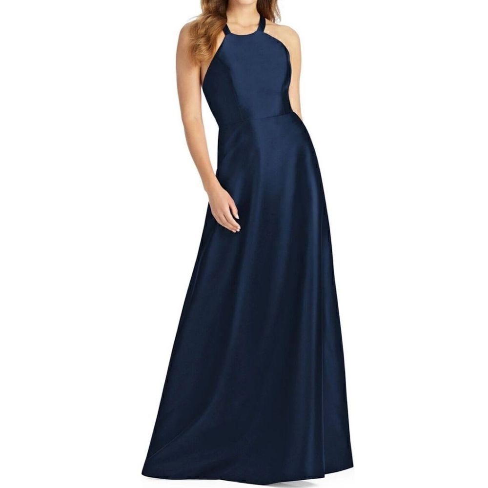 NWT Alfred Sung Halter Lace-up A-line Maxi Dess in Midnight